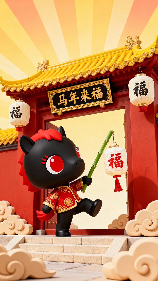 微仰视视角，暖色调场景，柔和全局光照搭配背景放射状渐变光效，中式门楼，门楼为红墙金顶，屋顶是黄色琉璃瓦造型，檐下悬挂 “马年来福” 金边黑底金字牌匾。门楼两侧挂有带 “福” 字的米白色灯笼，周围环绕立体祥云模型（鼓鼓的，暖米色祥云）。画面中央是一个占画面 30% 比例的黑色大头Q版黑马卡通 IP 形象，面部只有眼睛，巨大的红色眼睛，红色可爱下睫毛，可爱短短红色鬃毛，呈侧身朝向门楼的姿态，动态感姿态（一只脚翘起往背后踢一脚站立），身着小小红底金纹中式唐装，手持绿色竹节杆挑着一个 “福” 字灯笼（红色流苏，米白色灯笼），门楼底部是米色石阶，背景为暖黄色放射状渐变