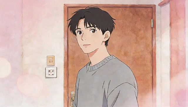 第一人称pov视角，室内，泪眼朦胧，视线模糊，视线从桌面上的请柬抬起后，透过泪光看向前方较远处，焦点落在前方一个年轻男生，他穿着白色衬衫，面带微笑，随后转身向门方向走去，柔和的光从门的方向透出，画面整体为清透暖粉色调，日系宫崎骏手绘插画风格，柔和线条，水彩质感，浅景深，前景桌面虚化，柔焦，光斑散景，低对比度，安静而伤感氛围，高清