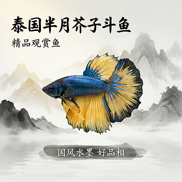 [主图 1] 泰国半月芥子斗鱼电商主图，中国风氛围
[氛围风格] 传统中国风，墨色山水意境，雅致高级，凸显观赏鱼美感
[画面元素] 商业摄影质感、光线柔和通透、产品清晰真实、画面干净高级。斗鱼主体居中展示，保留产品原有形态和色彩，背景融入淡墨山水元素，营造国风意境，整体干净突出主体，无边框大图，不切割斗鱼。
[配色色系] 主色调：墨黑、浅金，辅助色：斗鱼本身的蓝黄鳞片色彩，水墨灰调背景
[视角构图] 平视，主体居中，浅景深突出斗鱼，画面干净留白符合国风审美
[文字版式] 左上角负空间左对齐，主标题"泰国半月芥子斗鱼"黑色书法字体，最大字号；副标题"精品观赏鱼"字体缩小一半放置主标题下方，底部浅墨条半透明白色文字"国风水墨 好品相"，文字不遮挡主体，对比清晰易读。
[比例分辨率] 1:1 比例，2k 分辨率，文字清晰可辨，超高清
[负向提示词]变形，水印，文字错乱，产品图模糊，背景杂乱，牛皮癣，配色刺眼