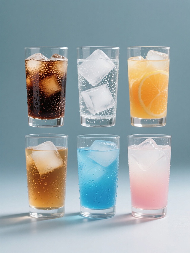 一组六杯相同造型透明玻璃杯饮料的规整排布特写，每杯均装满液体并漂浮着大块冰块，杯壁布满晶莹水珠，保持超写实摄影风格，光线明亮柔和，高清晰度展现液体质感与气泡细节，纯色背景。从左到右、从上到下依次为：深棕色带密集气泡的可乐，清澈透明带细小气泡的雪碧，橙黄色浑浊质地的果汁，浅琥珀色清澈透明的茶水，宝蓝色透亮的蓝色果汁，以及粉白色渐变的粉色果汁。