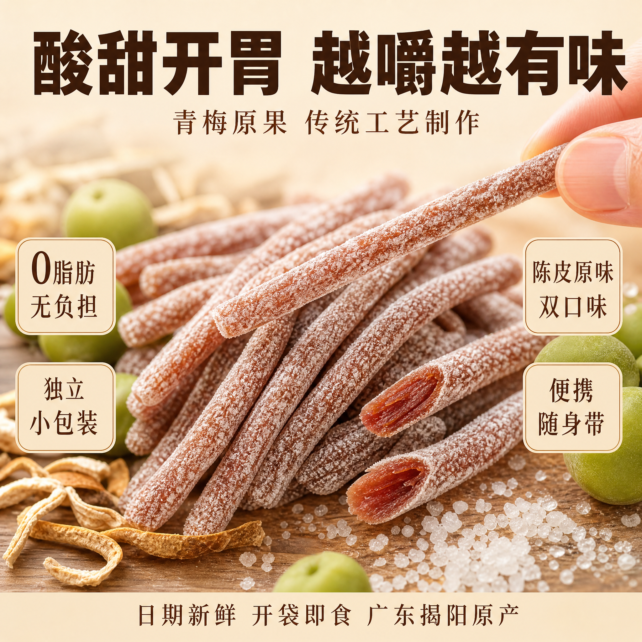 拼多多风格酸梅条零食第二张主图，核心卖点与细节展示，怀旧国潮风… - 图片创意预览