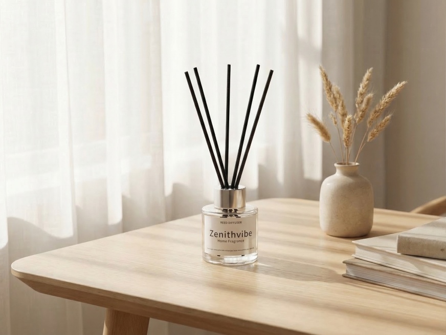 保留图中的香薰产品，将场景更换为明亮简约的ins风家居桌面，有浅木色桌面、白色纱帘，柔和自然光线，整体氛围温馨舒适，适合家居产品展示预览效果