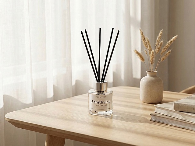 保留图中的香薰产品，将场景更换为明亮简约的ins风家居桌面，有浅木色桌面、白色纱帘，柔和自然光线，整体氛围温馨舒适，适合家居产品展示