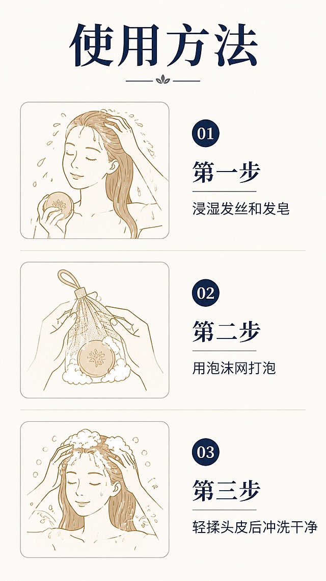 [第6屏] 伊花集斯亚旦植物发皂使用步骤说明。
[氛围/风格] 清晰步骤演示，简约直观，浅背景配深色文字，干净利落。
[元素布局] 从上到下分三步展示，每步配示意图+文字说明：第一步浸湿头发和发皂，第二步用泡沫网打泡，第三轻揉头皮后冲洗干净；三步均等分布，排版整齐。
[光影质感] 均匀布光，示意图清晰，步骤文字对比度高。
[配色色系] 全局底色 #f8f5f0，主色靛蓝文字，浅棕示意图轮廓。
[视角构图] 纵向排版，三步从上到下流畅阅读，每步上下分区图文对应。
[文字版式] 顶部主标题「使用方法」，每步标题简洁，配1行短说明，例如「第一步 浸湿发丝和发皂」，文字清晰，行距合适。
[比例分辨率] 9:16竖版比例，4K分辨率，文字清晰可辨，高清画质。
[负向提示词] 步骤混乱，文字错误，文字过小，配图变形，排版拥挤。
