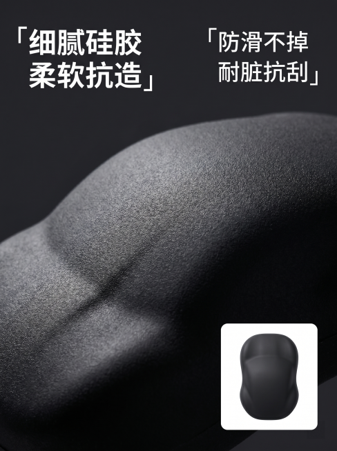 [主图-8] 磁吸追踪器保护套材质微距特写图。
[氛围风格] 微距材质展示，专业质感
[画质] 超高清微距商业摄影，纹理细节清晰可见
[元素] 黑色硅胶保护套表面微距特写，放大展示硅胶磨砂细腻纹理，搭预览效果