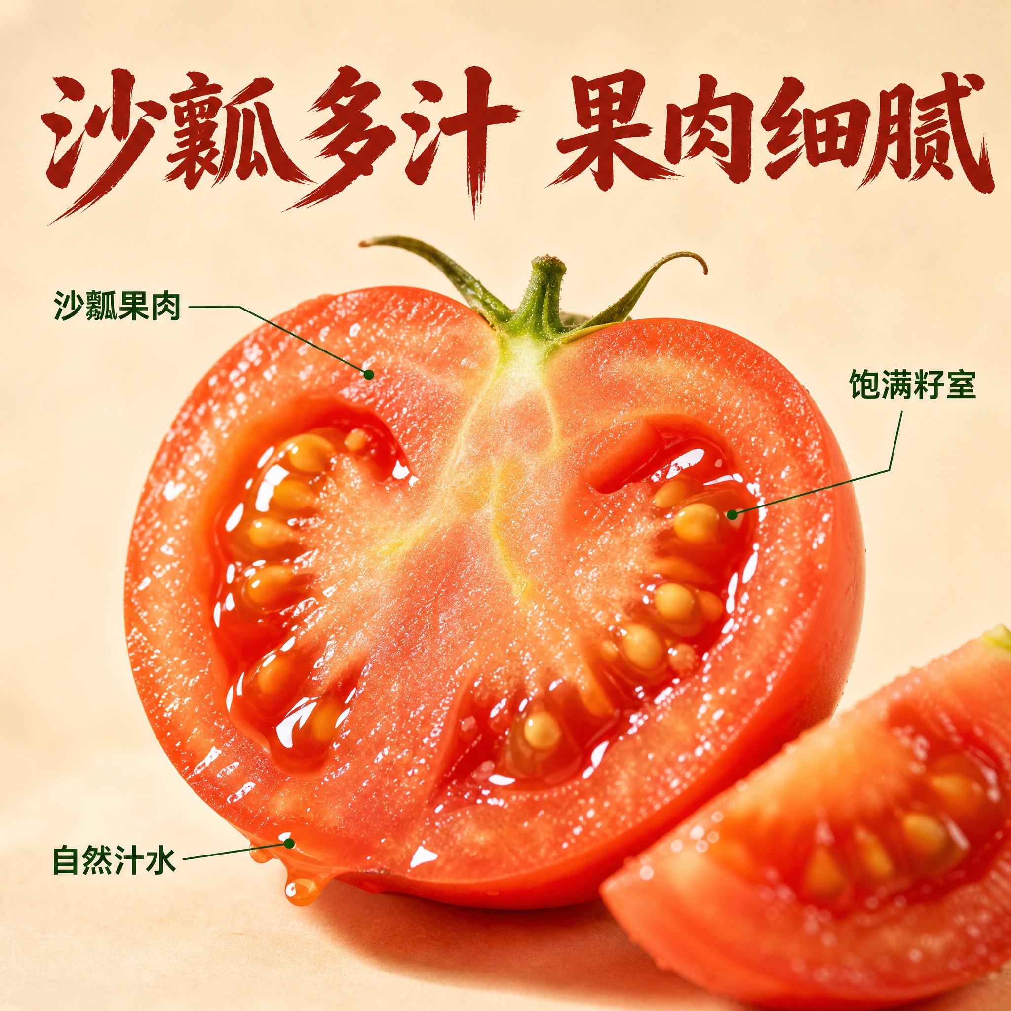 [主图-3 番茄细节图] 沙瓤切面微距特写 果肉细腻 汁水充盈… - 图片创意预览
