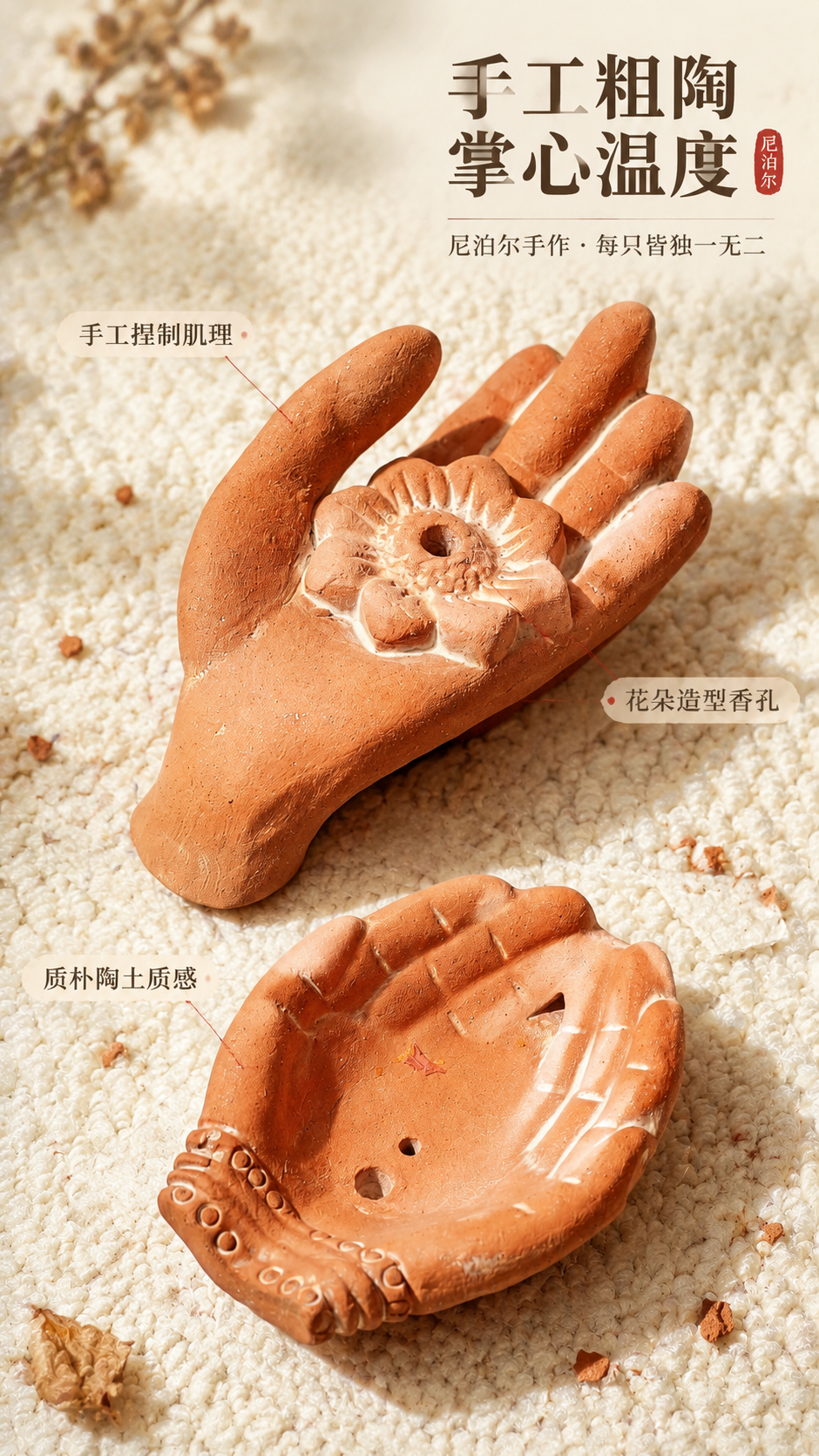 [商品] 使用【图3】两款尼泊尔手作粗陶佛手香插；保留陶土红棕… - 图片创意预览