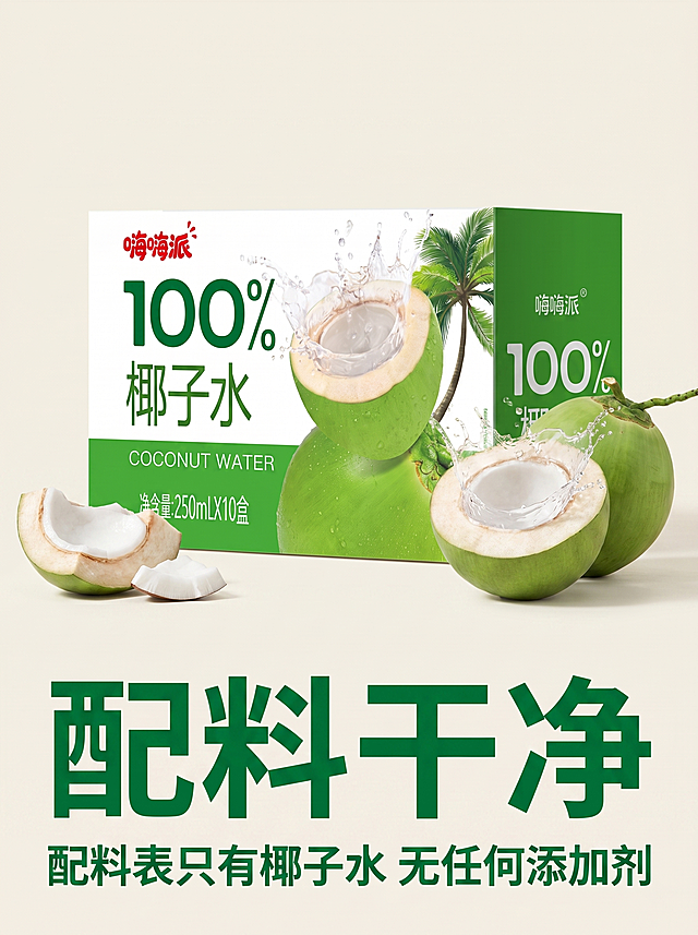 [主图3] 上下结构排版，配料干净卖点主图。参考参考图上下结构排版：上图下文，产品展示在上卖点文字在下。
[氛围风格] 简约干净，突出安心品质；
[画质] 商业摄影质感、光线柔和通透、产品清晰真实、画面干净高级。
[元素] 上半部分展示嗨嗨派100%椰子水包装盒，旁边摆放完整青椰和切开的青椰果肉，展示天然纯净原料。下半部分预留放置卖点文字区域。保持产品包装盒外观（物理结构、材质质感、颜色）与输入产品图绝对一致，杜绝任何变形和色差，精细化处理。上下结构布局清晰，像讲故事一样有代入感，画面满屏无边框。
[光影] 均匀柔和自然日光，原料和产品细节清晰，整体干净通透。
[配色] 浅米白背景搭配青椰翠绿，干净清爽，简约自然。
[视角构图] 上下分割平视构图，产品在上文字在下，布局清晰。
[文字版式] 下半部分横向排列文案：大字标题"配料干净"，深绿色粗体最大字号；下方辅助小字"配料表只有椰子水 无任何添加剂"，深绿色常规字号，居中对齐，清晰易读。
[比例分辨率] 3:4 比例，2k 分辨率；文字清晰可辨，超高清。
[负向提示词] 变形，水印，文字错乱，产品图模糊，背景杂乱，文字遮挡产品。