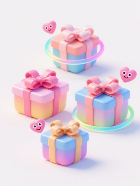 四个不同元素、不同样式、不同款式的赠品礼盒，每个礼盒都具有光滑的渐变色彩表面，搭配大而精致的立体蝴蝶结，带有柔和的高光和细腻阴影，周围环绕着半透明的彩色光环，礼盒旁边点缀着可爱的粉色心形装饰和带有爱心眼睛的笑脸表情符号，所有元素在纯白色背景上排列整齐，呈现出3D渲染的卡通风格，色彩鲜明和谐，光影效果柔和，整体氛围欢快活泼，具有清晰的视觉层级和高效的信息传达效率，符合赠品宣传的设计感和吸引力。预览效果