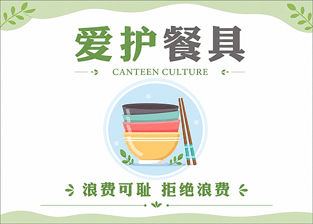 文明餐桌桌签设计，横版7:5比例，扁平插画风格，清新绿白配色。版式结构：顶部大号主标题"爱护餐具"，下方小字英文"CANTEEN CULTURE"，中间一个浅蓝色圆形图标，圆形内是一叠彩色碗碟筷子的扁平插画，底部有一句标语"浪费可耻 拒绝浪费"，最底部有一条绿色装饰细线。整体风格简约清新，食堂文化宣传海报风格，白色背景，浅绿色顶部和底部装饰边。画面整洁，排版精美，文字清晰可读。