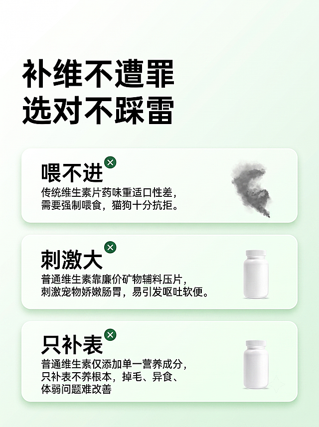 参考图一的核心主题和三个痛点对比版式，生成一张与原图尺寸完全一致的竖版电商主图，整体绿白配色，左上角的logo去掉，右上角OMVP logo也去掉。

具体要求：
1. 配色：整体绿白配色，清新专业风格，替代原图的灰白色+红色系。背景为纯净的白色到极浅绿柔和渐变，干净明亮，与系列主图风格统一。

2. 顶部区域：
   - 左上角去掉盾牌+十字图标和"宠物复合维生素片"标签，保持空白
   - 右上角去掉OMVP logo，保持空白

3. 主标题（左对齐，左上角位置）：
   - 第一行："补维不遭罪" 黑色超大粗体字
   - 第二行："选对不踩雷" 黑色超大粗体字

4. 三个痛点卡片（纵向排列，白色圆角矩形卡片，红色叉号替换为绿色系）：
   - 卡片一（喂不进）：左侧大标题"喂不进"黑色粗体，右上角深绿色圆形叉号图标（白色×），下方说明文字"传统维生素片药味重适口性差，需要强制喂食，猫狗十分抗拒。"黑色常规字，右侧配烟雾/药味的灰色图标（保持原意）
   - 卡片二（刺激大）：左侧大标题"刺激大"黑色粗体，右上角深绿色圆形叉号图标（白色×），下方说明文字"普通维生素靠廉价矿物辅料压片，刺激宠物娇嫩肠胃，易引发呕吐软便。"黑色常规字，右侧配白色药瓶图标
   - 卡片三（只补表）：左侧大标题"只补表"黑色粗体，右上角深绿色圆形叉号图标（白色×），下方说明文字"普通维生素仅添加单一营养成分，只补表不养根本，掉毛、异食、体弱问题难改善"黑色常规字，右侧配白色药瓶图标
   - 三个卡片都是白色圆角矩形，带轻微绿色阴影或描边

5. 整体风格：清新、专业、有痛点共鸣的宠物保健品对比图，绿白配色干净清爽，左上角无logo，图片尺寸与原图完全一致，文字清晰可读，与系列主图风格统一。