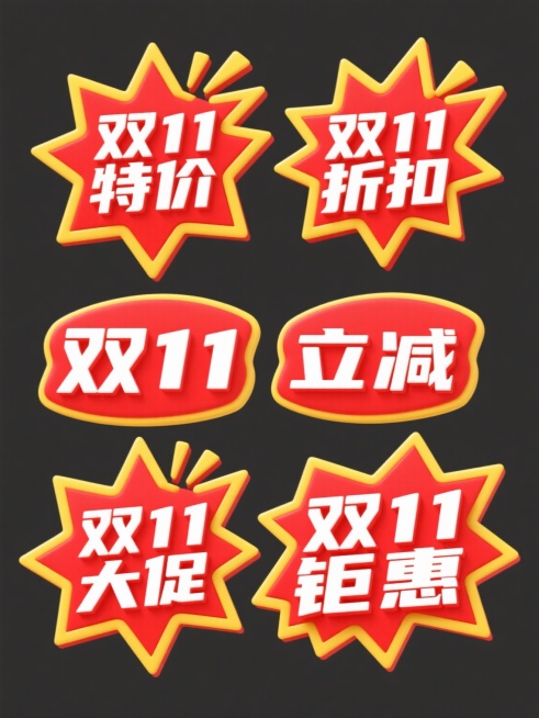 六个规整排布的促销标签素材，每个标签均为红色纯色背景，边缘有黄色描边和放射状爆炸形轮廓，顶部带有黄色尖角装饰，内部为白色粗体立体文字，分别包含“双11特价”“双11折扣”“双11立减”“双11满减”“双11大促”“双11钜惠”文案，整体风格统一、醒目，具有强烈的促销氛围和视觉冲击力。预览效果