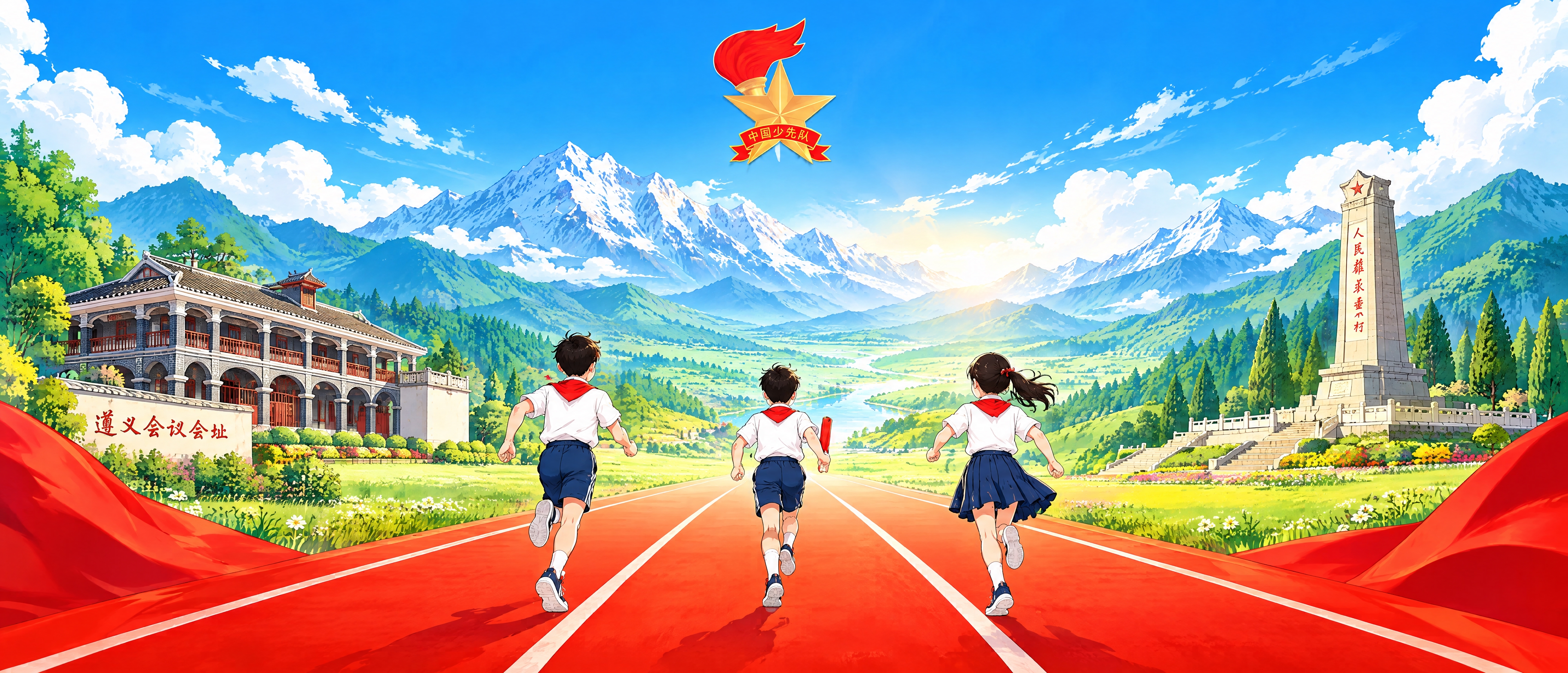 参考图风格，生成同款高清少先队主题插画元素，画面包含：三名佩戴… - 图片创意预览