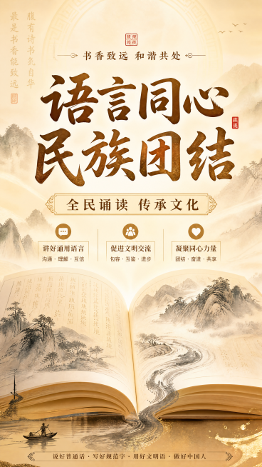 讲好国家通用语言、语言相通、文化同心、民族团结、书香文化、文明交流、全民诵读、语言传承、同心聚力、和谐共处的海报预览效果