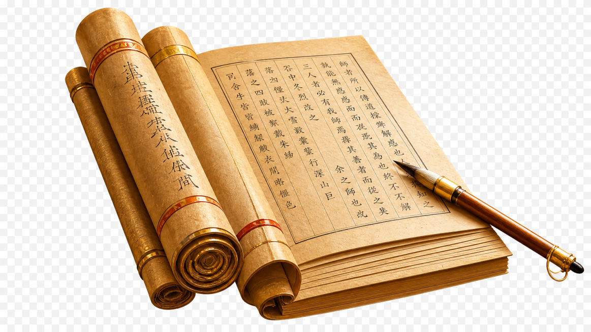 独立提取生成图中的左下角打开的书卷和毛笔素材，保留纸张和毛笔质感，背景透明预览效果