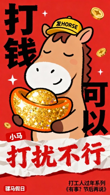 2026 Year of the Horse, Chinese New Year meme poster for office workers, naive hand-painted cartoon预览效果