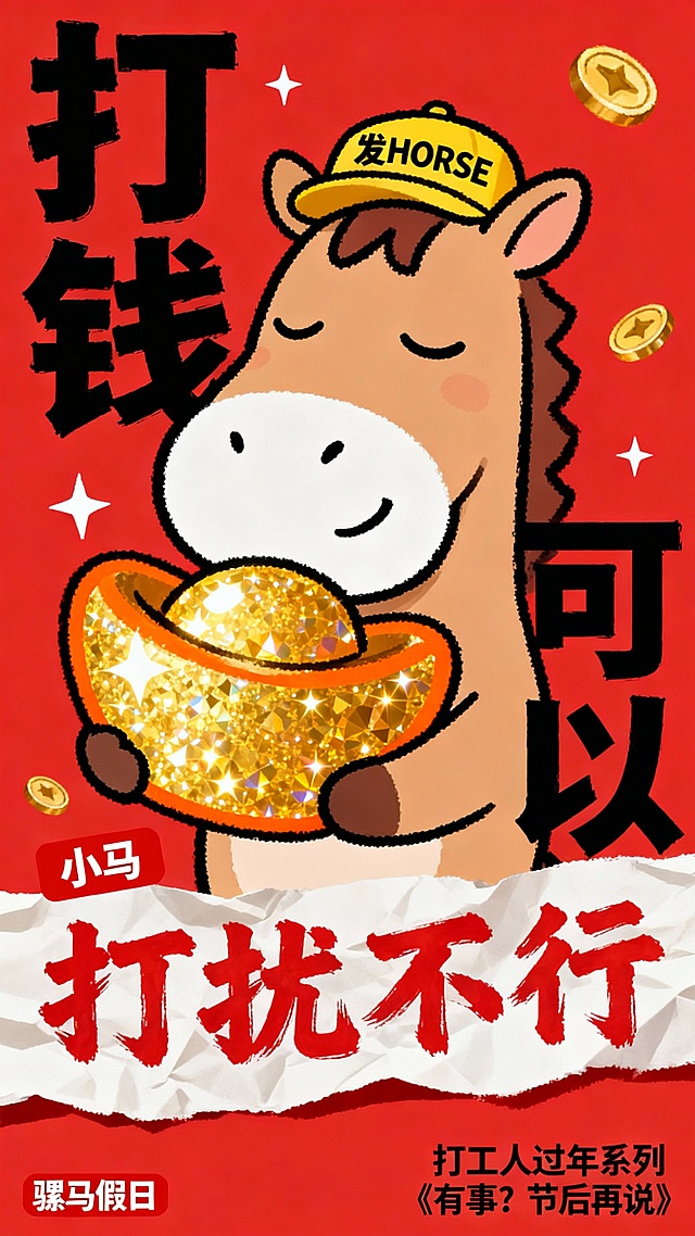 插画风卡通小马戴“发HORSE”帽，捧金元宝，喜庆红底搭配撕纸风文字，鎏金粒子点缀，国潮拟人设计，春节打工人主题，趣味十足。