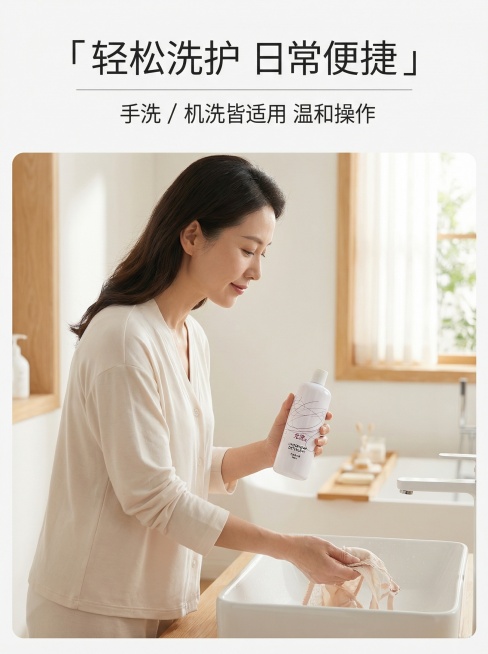 第 6 屏（使用场景・女性手洗）
中文提示词：3:4 竖屏，杂志风电商详情第六屏，使用场景可视化，严格还原上传的产品图（展示完整产品瓶身），产品外观必须与参考图完全一致，不得改变包装设计、配色方案或品预览效果