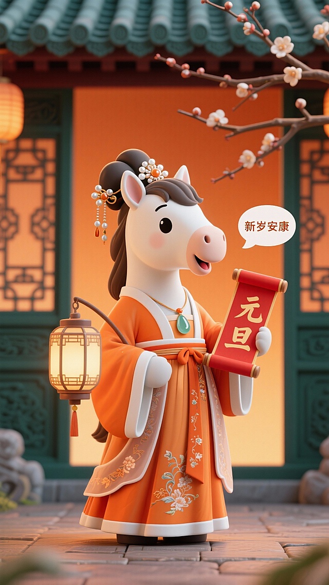 软3D风拟人马身着国潮汉服，手持灯笼与“元旦”卷轴，背景古建筑与梅花点缀，萌趣喜庆，传递新年祝福。