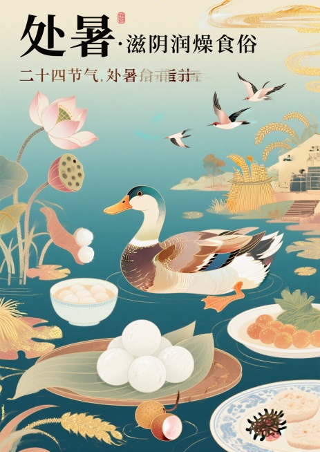 国潮插画风格，二十四节气处暑饮食指南海报，画面主体是鸭子、白丸子、龙眼等处暑传统食物，搭配残荷、秋收场景、大雁南飞等处暑节气元素，顶部有文字"处暑·滋阴润燥食俗"，整体色调温润柔和，传统国风配色，适合预览效果