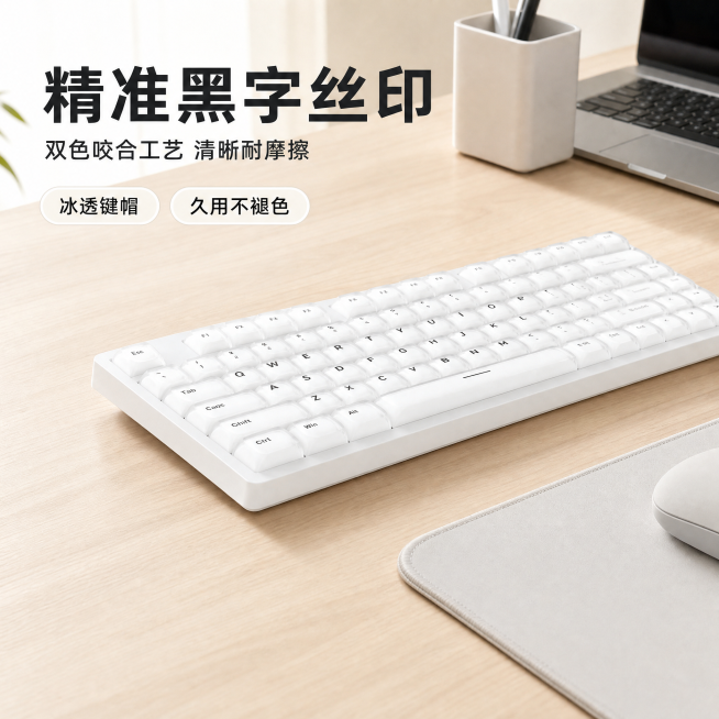 [主图-1] 白色无线机械键盘产品首图，展示清晰做工细节。[氛围风格] 简约科技风，办公场景氛围感。[画质] 商业摄影质感、光线柔和通透、产品清晰真实、画面干净高级。[元素] 白色机械键盘主体居中摆放预览效果