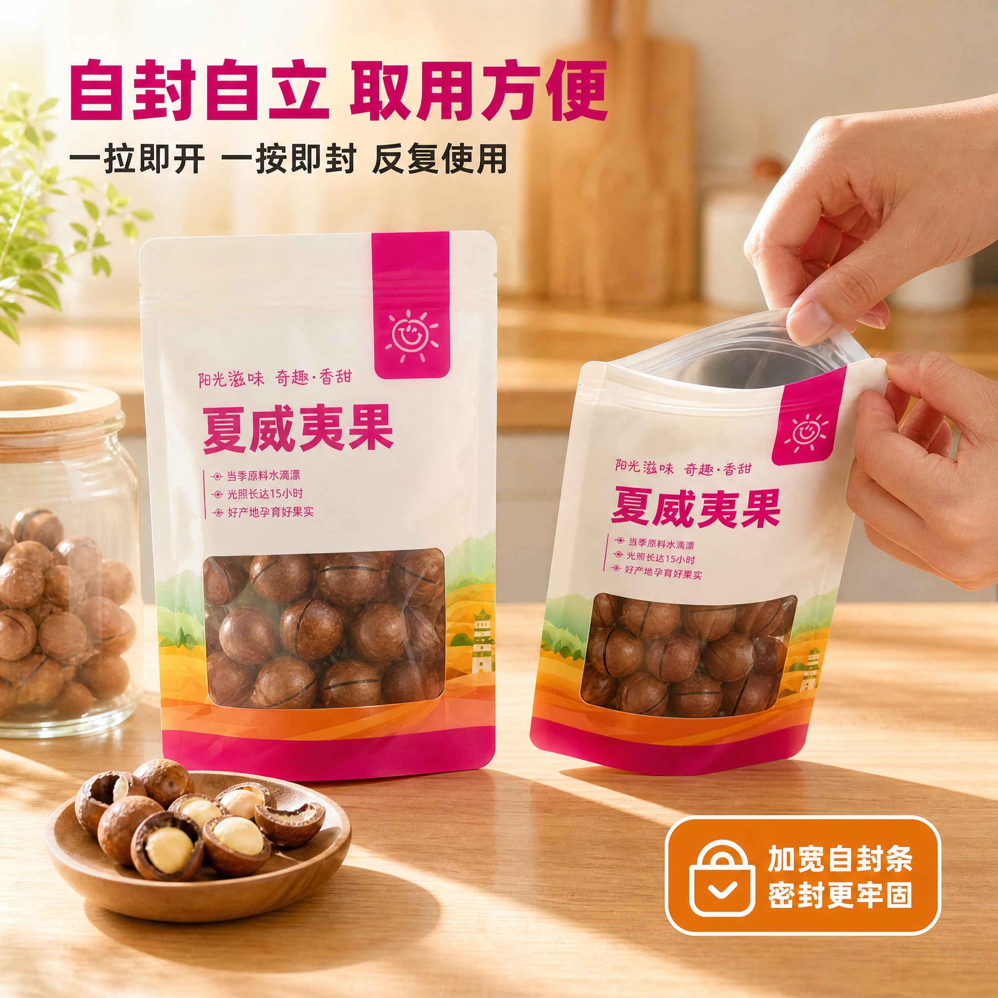 [主图-8] 主题：自封自立使用场景展示，展示包装袋实际装坚果… - 图片创意预览