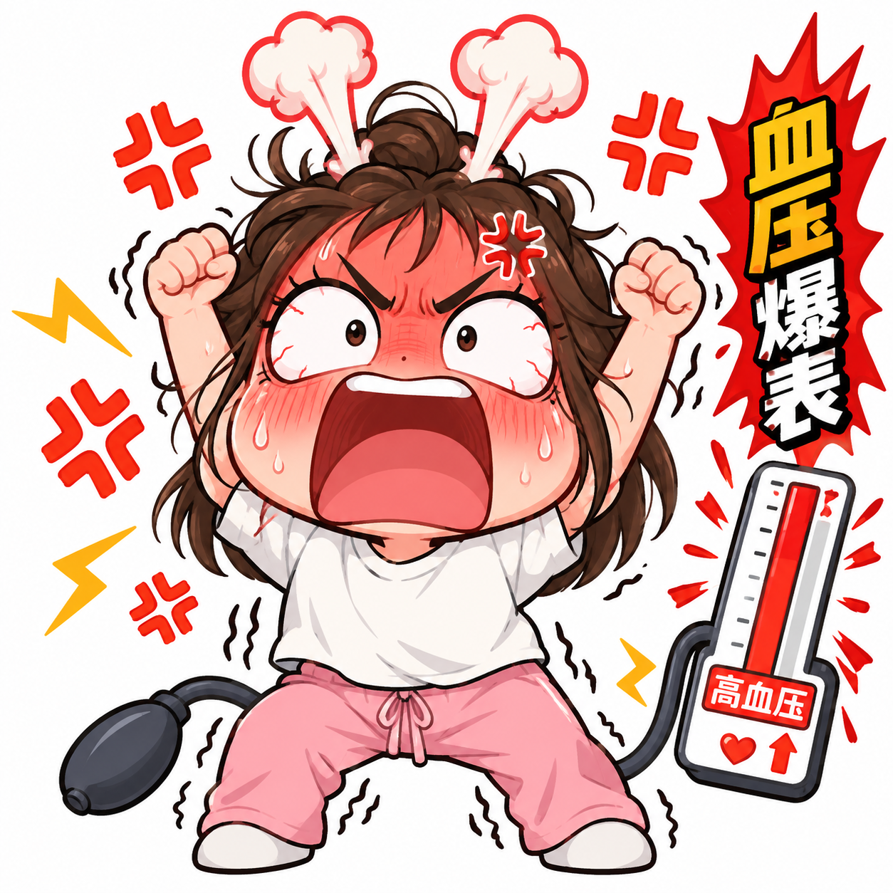 一个可爱的卡通小人表情包，情绪激动血压飙升的样子，满脸通红，头… - 图片创意预览