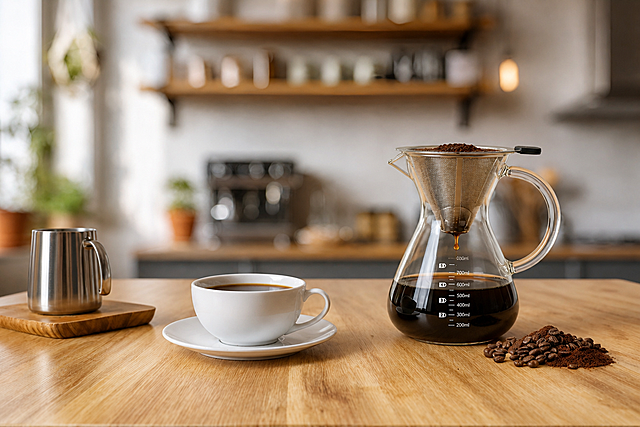 将图2中的所有产品（玻璃手冲咖啡壶、不锈钢滤网、白瓷咖啡杯与杯碟、咖啡豆与咖啡粉）完整保留其外观、结构、材质、颜色、刻度与细节，自然摆放到图1的浅色实木桌面上，与桌面共处同一物理空间。
保留图1原有的厨房背景、左侧不锈钢杯与木垫、整体暖调光线与景深虚化氛围。
咖啡壶与咖啡杯在桌面上错落摆放，咖啡豆与咖啡粉散落在壶旁，产品之间留有合理空间不重叠穿模。
产品受光面泛起暖木色环境光，暗部映射厨房暖灰阴影光晕，光影与透视与场景完全融合，无悬浮、无抠图感、无硬边。
镜头视角微侧20°，保持原图的浅景深与背景虚化效果。