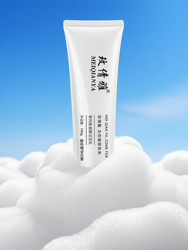 商业静物摄影。主体漂浮在空中，被白色绵密细腻的泡沫包围，气泡在四周，背景是蓝色的天空，营造出清新、洁净的氛围。高级简约的光影。高阶氨基酸洁颜配方更净澈·更温和·更水润
洗走油痘肌 肤色明显变白皙