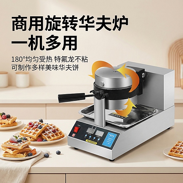 一张1:1高端商用可旋转华夫炉电商主图，整合核心卖点，设计感强。产品机器放置在画面右侧，占据约60%画面，左侧留出排版空间。背景为浅米灰色简约餐厨场景，虚化点缀多口味成品华夫饼莓果，营造食欲氛围感。核心卖点整合：主标题大字 "商用旋转华夫炉 一机多用"，黑色无衬线粗体位于左上角；副标题 "180°均匀受热 特氟龙不粘 可制作多样美味华夫饼"。采用简约设计，文字排版疏密有致，不遮挡产品主体，突出产品不锈钢旋转结构，保留旋转箭头示意，整体高级简约，设计感强，完全区别于原图拼接设计，适合电商主图展示，1:1比例。
负向提示词：排版拼接，多格子拆分，设计老旧，产品变形，文字错乱，背景杂乱