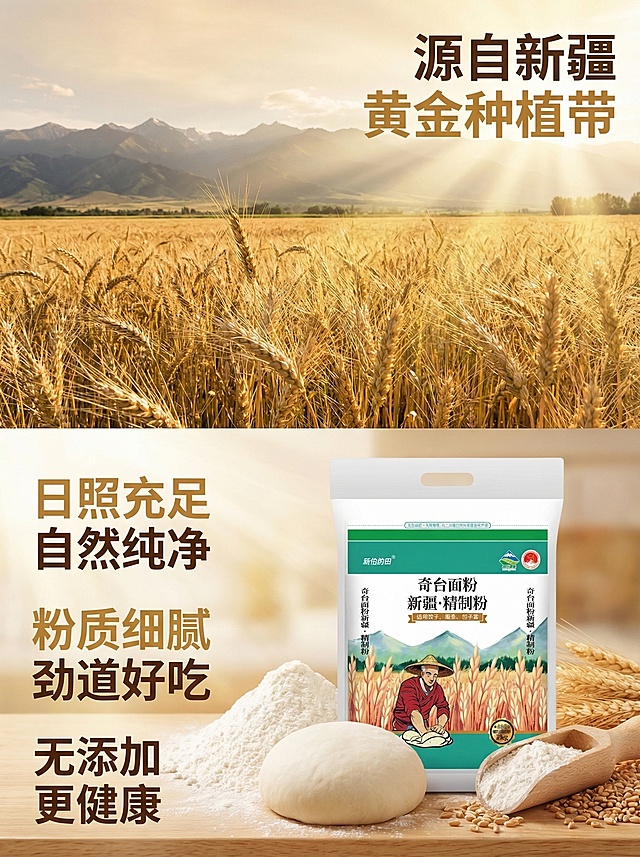 [垫图] https://gdesign-dam-hz.dancf.com/35945480009664599/fd595eb3b0864b39b7d741525b377941.png https://gdesign-dam-hz.dancf.com/35945480009664598/5e748d6690754f80b4110ce746368190.jpg
[主图主题] 新疆奇台面粉卖点展示抖音主图
[氛围/风格] 自然真实产地风格，暖调自然光，突出新疆麦田原产地氛围，参考第二张参考图的食材质感
[画面元素] 画面上半部分展示新疆天山麦田的自然实景，金黄麦穗饱满，阳光普照，下半部分摆放奇台面粉袋，旁边特写展示面粉细腻质地和揉好的光滑面团，周围散落几粒小麦，光影温暖通透，场景自然真实，背景铺满全屏
[配色色系] 主色调：麦田金黄、天空浅蓝、面粉米白；辅助色：面粉袋绿色，整体清新自然
[视角构图] 上下拼接构图，上半部分远景麦田，下半部分近景产品，层次分明
[文字版式] 上半部分麦田区域右上角主标题“源自新疆黄金种植带”，下半部分左侧悬浮卖点“日照充足 自然纯净”、“粉质细腻 劲道好吃”，底部标注“无添加 更健康”，字体为无衬线体，白色+暖金色，文字不遮挡产品和场景主体
[比例分辨率] 3:4 比例，2k 分辨率