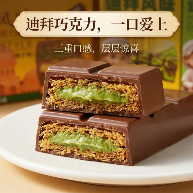 这张图片是产品主体这款产品是迪拜巧克力， 产品克重分别是45克和25克，口味有榛子味和开心果味    我需要设计20张主图在拼多多上面售卖 主图场景布局能用到的多场景元素布局显得高级一些      场预览效果