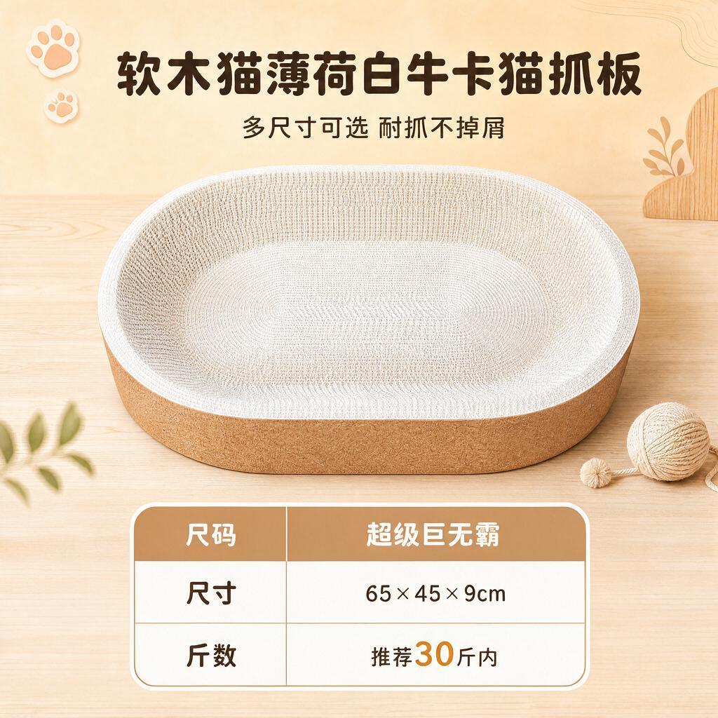 参考图中的软木猫薄荷白牛卡猫抓板产品图，保持产品外观、暖黄色背… - 图片创意预览