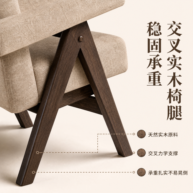 [主图-2] 交叉实木椅腿稳固承重卖点展示。氛围风格：专业产品展示，简洁高级。画质：商业摄影质感、光线柔和通透、产品清晰真实、画面干净高级。元素：特写展示休闲椅底部交叉实木椅腿结构，天然实木纹理清晰可预览效果