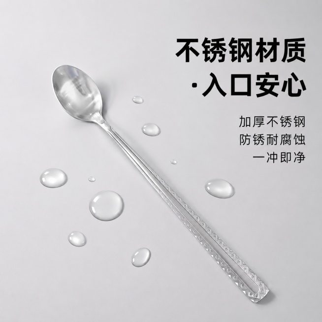 「图片1」，生成一套主图（5张），商品名称是花纹长柄勺，卖点是一勺多用，厨房全能助手，尖头设计，精准控量不浪费，加长手柄，操作安全不烫手，不锈钢材质，坚固耐用易清洁，花边手柄，握感舒适防滑落适配淘宝/预览效果