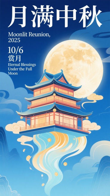 新中式扁平商业插画，宋代美学意境，超现实动态感，冷色调为主局部暖色点缀。画面上方居中“月满中秋”，左侧竖排“Moonlit Reunion, 2025”和日期“10/6”，下方“赏月”和“Eterna预览效果