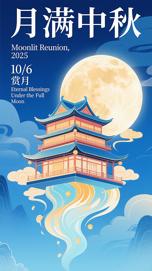中式楼阁悬浮云端，满月映衬梦幻中秋，插画风国潮设计，虚拟现实感十足。