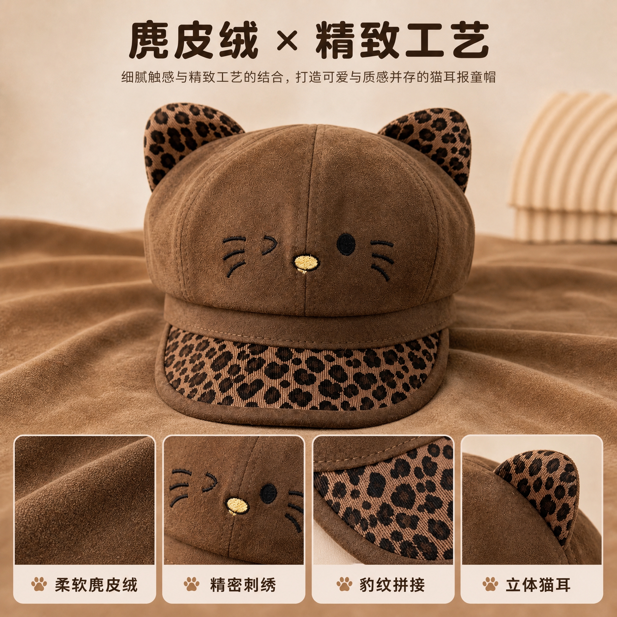 [主图-4] 豹纹猫耳麂皮绒报童帽 材质工艺细节特写展示，突出… - 图片创意预览