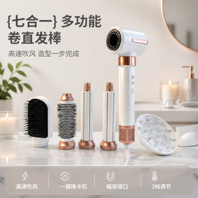 [主图 1] 七合一卷直发棒产品首图，展示全套多功能造型配件
[氛围风格] 温馨舒适科技未来风，简约现代家居浴室场景
[画质] 商业摄影质感、光线柔和通透、产品清晰真实、画面干净高级
[元素] 七合一预览效果
