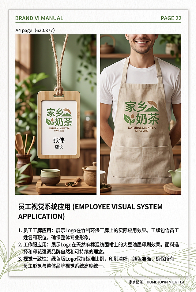 生成A4竖版家乡奶茶品牌VI手册内页，展示logo在员工工牌和工作服上的应用效果，保持绿色自然风格，延续现有排版，体现品牌系统延展性