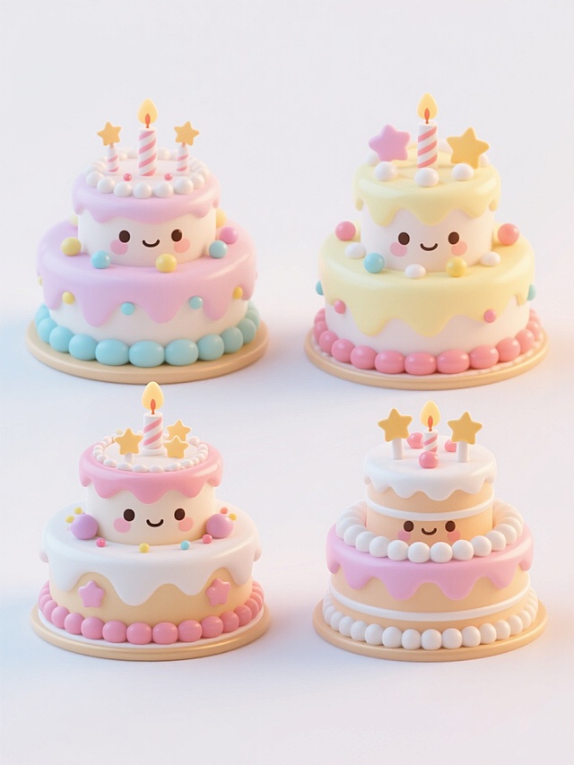 3D风格的四个排列整齐的多层生日蛋糕，每个蛋糕外观样式和配色各不相同，均采用圆润可爱的Q版造型，具有光滑的奶油质感和立体的装饰元素，如星星、糖珠、蜡烛等，白色背景，整体保持统一的3D渲染效果和温馨甜美的氛围。