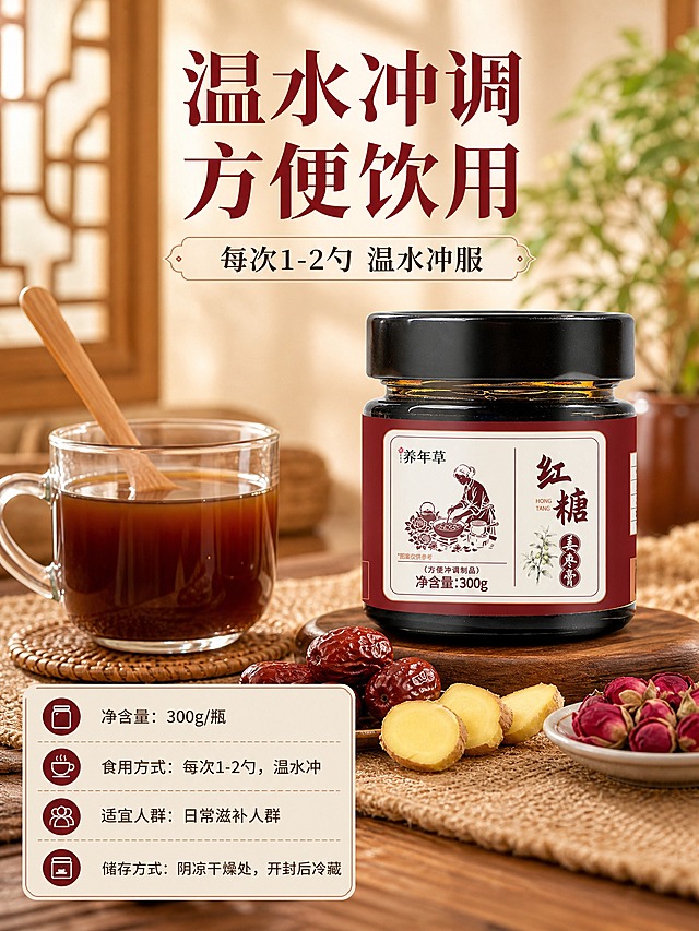 [商品] 使用【图1】养年草红糖姜枣膏产品图；保留黑色瓶盖、深红棕色瓶身标签、标签上"养年草"Logo、"红糖姜枣膏"字样、熬制人物插画、净含量300g文字、瓶身形状与玻璃质感；清晰化标签文字，不改变包装内容。
[画面] 目标：日常食用场景，展示温水冲调饮用的便捷方式。构图：产品置于画面右侧木质桌面上，占画面约40%，正面微侧；左侧放一杯冲好的姜枣茶（透明玻璃杯+木勺），旁边摆放红枣、姜片、干玫瑰；背景为虚化的中式室内窗格与绿植，暖色调自然光；前景有麻布餐垫；营造居家日常滋补的温馨场景。
[视觉] 套系策略：风格=新中式滋补养生商业摄影；标题字=宋体衬线粗体；正文字=简洁无衬线体；主色=暖棕红+米杏色；背景延展=暖木色桌面+米杏色渐变背景，同色系深浅层级；强调色=深枣红，仅用于小面积图标、引线和标签；标题色=深枣红；正文色=深棕灰；组件=圆角米白底信息卡、细线引线、中式纹样装饰；光影=左前侧暖柔光，产品右侧柔和轮廓光。
[文字] 画面上方主标题"温水冲调 方便饮用"，副标题"每次1-2勺 温水冲服"；左下角放食用方式小卡片：净含量300g/瓶、每次1-2勺温水冲、日常滋补人群、阴凉干燥处储存；文字横排，不遮挡产品主体。
[规格] 图片比例3:4竖版，4K分辨率，负向提示：避免变形、错字、文字过小、冷蓝/蓝灰背景、产品颜色改变、包装文字错乱、原料错误（不得出现枸杞、阿胶等非指定原料）。