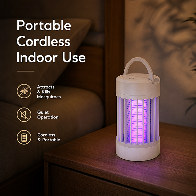 [Main 4] Indoor bedroom night scene. Mosquito killer on bedside table, purple light soft on. Blurred warm bedroom background. Show portable hanging/standing design. Text: Portable Cordless Indoor Use. Keep product original 100% consistent. 1:1 4K. Negative: deformed, overexposure, Chinese.