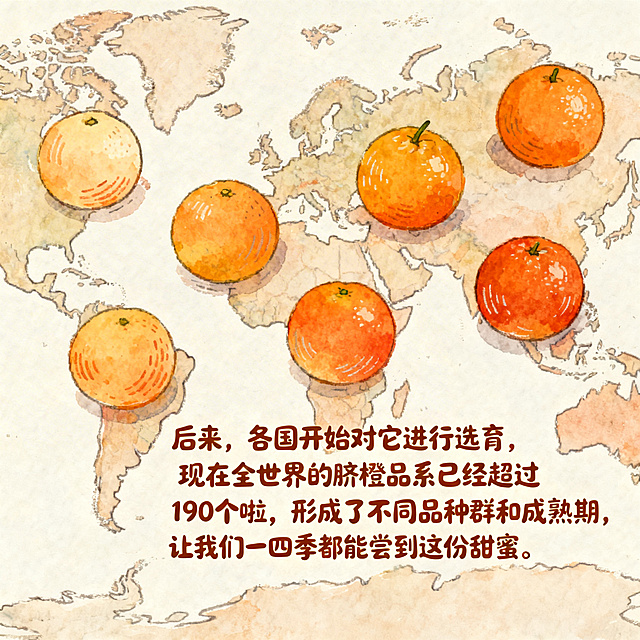 暖色调手绘风格，世界地图背景上分布着不同品种的脐橙果实，配文字“后来，各国开始对它进行选育，现在全世界的脐橙品系已经超过190个啦，形成了不同的品种群和成熟期，让我们一年四季都能尝到这份甜蜜。”
