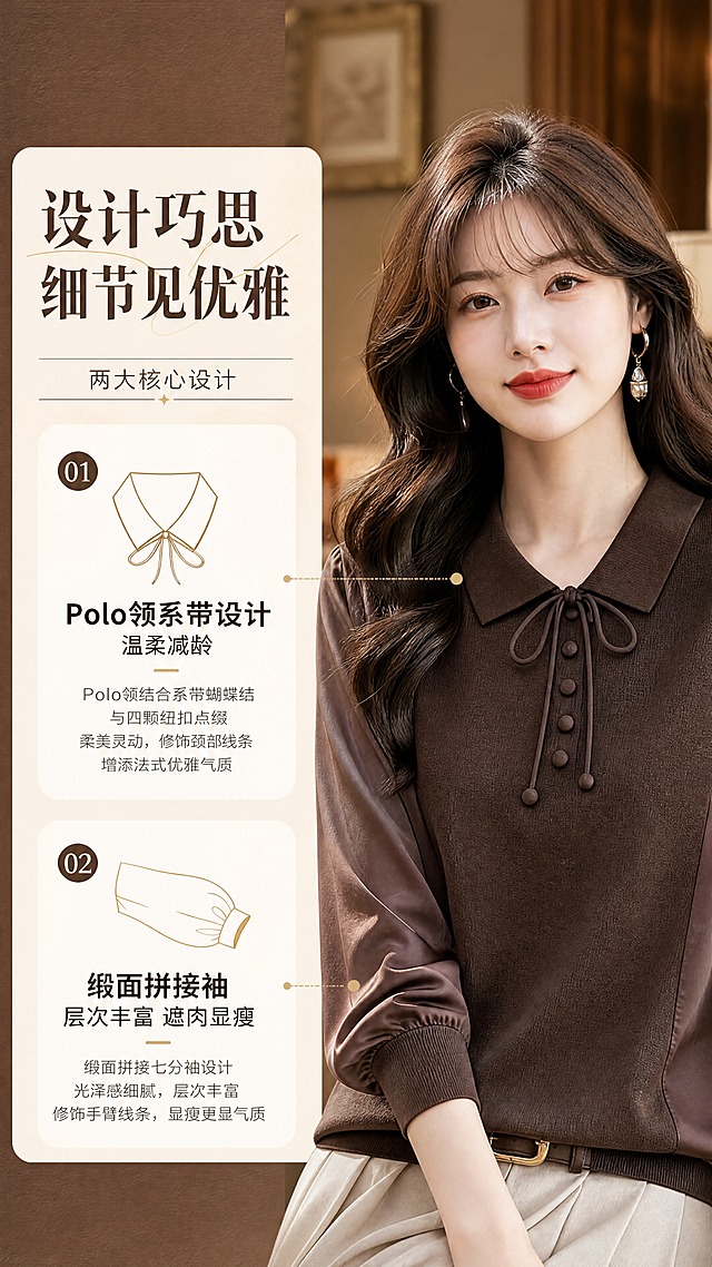 [商品] 使用【图1】咖啡色Polo领系带针织拼接上衣；商品处理：保留Polo领、系带蝴蝶结、四颗纽扣、缎面拼接七分袖、罗纹袖口、针织衣身、宽松版型和咖啡色；自然去皱，理顺垂坠，增强针织纹理和缎面光泽，不改变版型结构。
[画面] 目标：设计理念页，讲清Polo领系带+拼接袖两大设计亮点；构图：左文右图，左侧文字区占40%，右侧模特半身图占60%；景别：上半身特写，突出领口和袖型；阅读动线：从左到右；前中后景：前景文字卡片，中景模特，后景暖调室内墙面与装饰。
[视觉] 套系策略：风格=法式轻熟通勤高级商业摄影；标题字=优雅衬线粗体；正文字=简洁无衬线体；主色=深咖棕；背景延展=基于暖棕咖做深浅层级、同色渐变和细腻纸张/织物质感；强调色=米金色，仅用于小面积图标、引线和标签装饰；标题色=深咖棕；正文色=暖灰棕；组件=圆角浅底信息卡、细线引线；光影=右前侧暖柔光。
[文字] 主标题「设计巧思 细节见优雅」，副标题「两大核心设计」，2个设计点：①Polo领系带设计 温柔减龄、②缎面拼接袖 层次丰富 遮肉显瘦；文字位于左侧，横排，右侧不遮挡服装关键部位。
[规格] 图片比例9:16竖版，4K分辨率，避免变形、错字、文字过小、冷蓝背景、颜色改变、版型失真、极限词。
