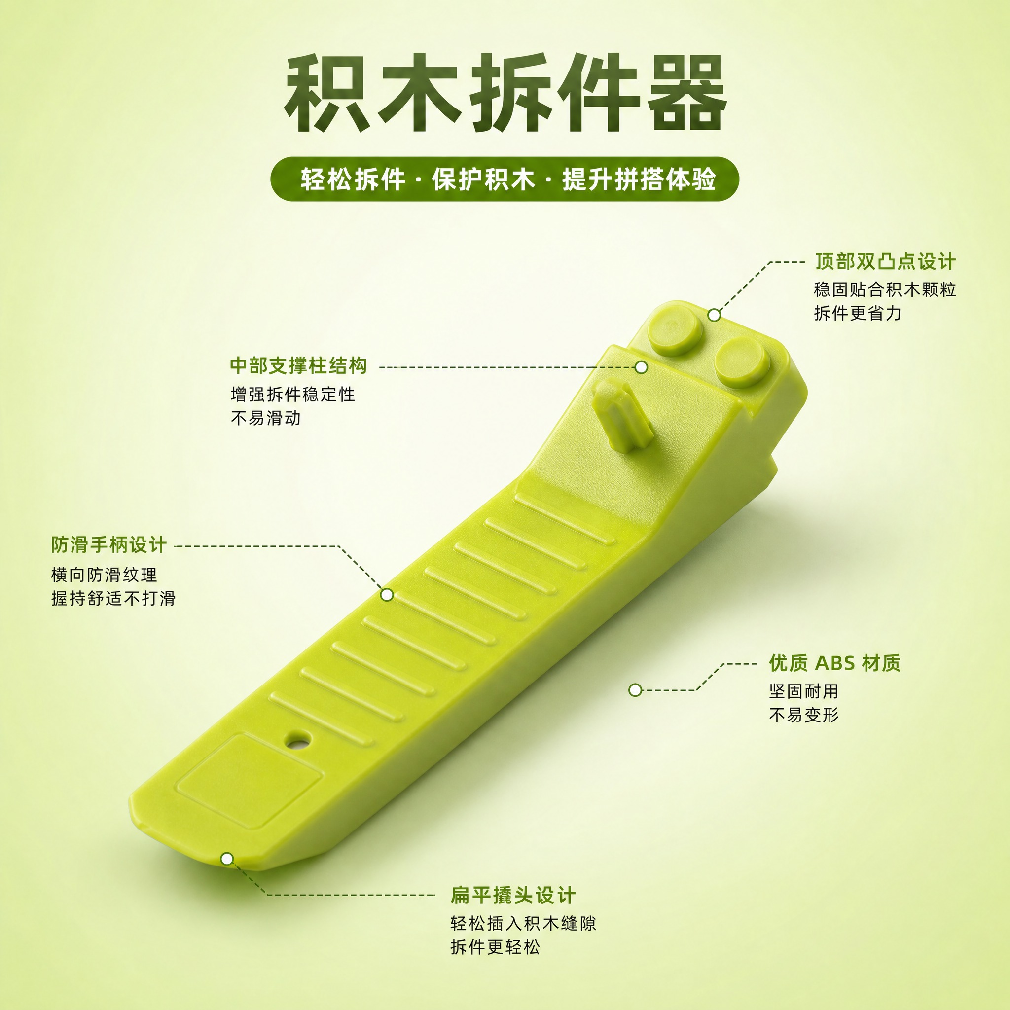 电商产品主图，果绿色积木拆件器斜侧视角展示，突出防滑手柄和顶部… - 图片创意预览