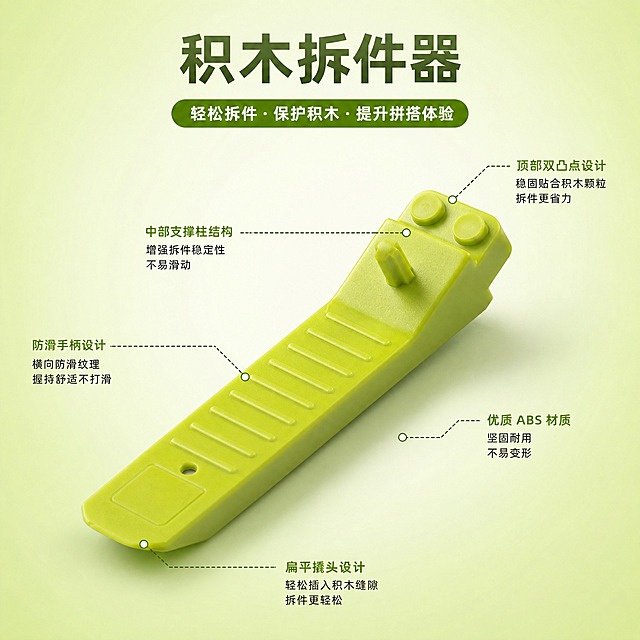 电商产品主图，果绿色积木拆件器斜侧视角展示，突出防滑手柄和顶部结构细节。浅绿色渐变背景，四周引线标注结构特点。塑料材质质感细腻，商业摄影风格，柔光照明，底部自然阴影。顶部有标题文字，四周有说明文字。画面清晰明亮。