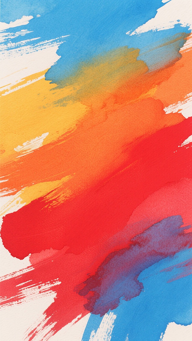 抽象水彩风格背景，以明亮的红色、橙色、黄色和蓝色为主色调，色彩从右下角的红色逐渐过渡到左上角的蓝色，形成自然流畅的渐变效果。画面采用粗犷的笔触纹理，带有明显的刷痕和色块叠加，营造出充满活力和动感的视觉效果。整体风格干净明快，色彩饱和度高，没有多余的细节干扰，适合作为背景使用。
