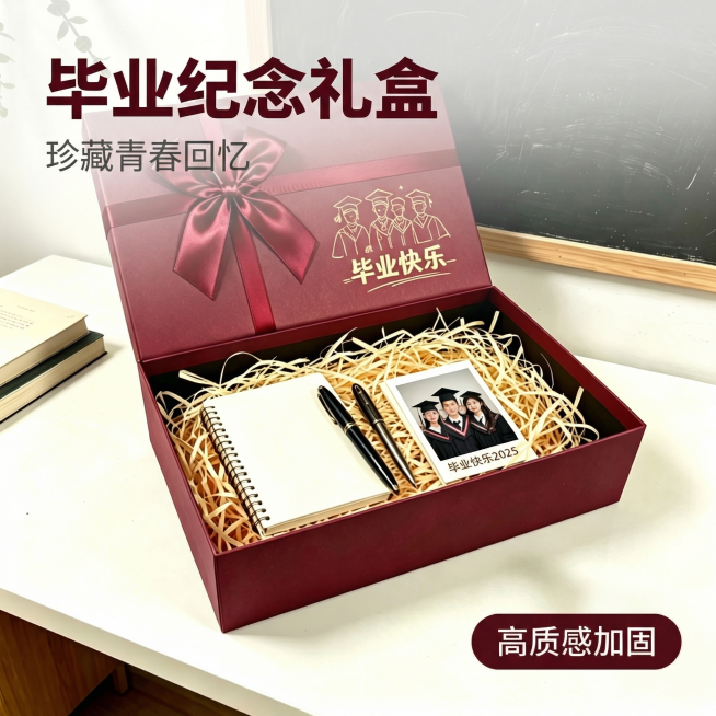 [主图 1] 毕业纪念礼盒 氛围感首图
[氛围风格] 温馨舒适学院治愈风，阳光漫射，清新校园氛围
[画面元素] 商业摄影质感、光线柔和通透、产品清晰真实、画面干净高级。酒红色毕业纪念礼盒打开居中放置，预览效果