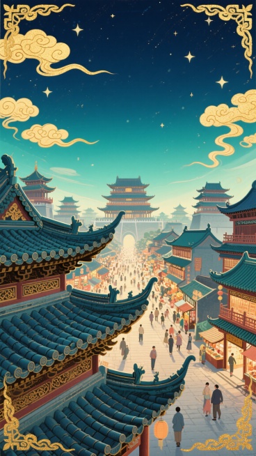 中国风插画风格，以深蓝色与青绿色为主色调，搭配金色祥云点缀，画面采用对称式构图，中心为繁华的古代建筑群，前景是飞檐翘角的宫殿屋顶，细节精致，瓦片纹理清晰，屋檐下装饰有传统雕花，中景为热闹的市井街道，行人往来，店铺林立，远景是层叠的宫殿楼阁，背景为渐变的夜空，点缀着星星，四角有金色祥云图案环绕，整体营造出庄重典雅又富有生机的氛围。预览效果